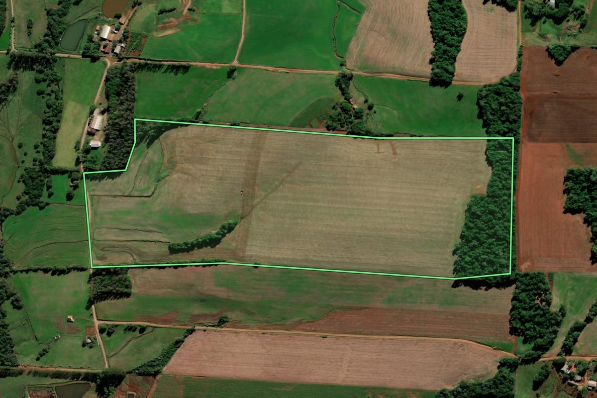 Imagem de satélite do imóvel rural em Augusto Pestana (RS), com o contorno declarado no CAR desenhado por cima.