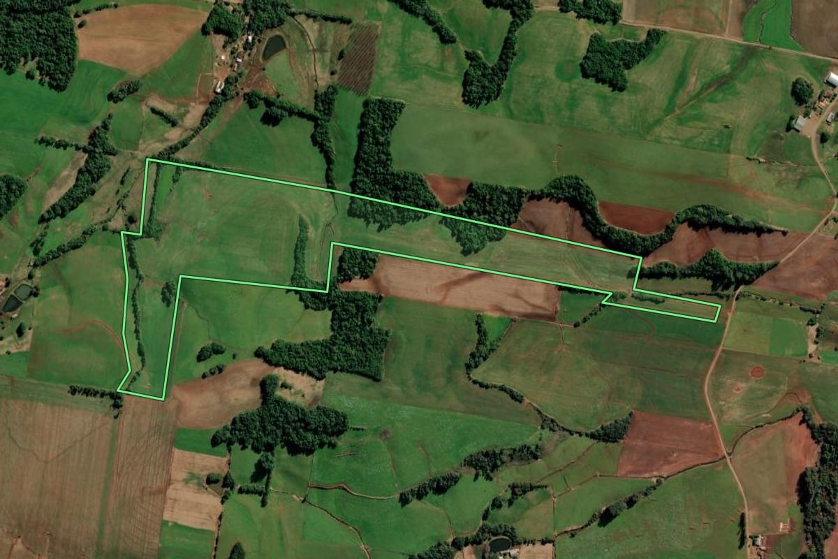 Imagem de satélite do imóvel rural em Augusto Pestana (RS), com o contorno declarado no CAR desenhado por cima.