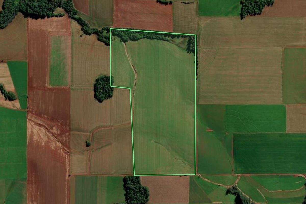 Imagem de satélite do imóvel rural em Augusto Pestana (RS), com o contorno declarado no CAR desenhado por cima.