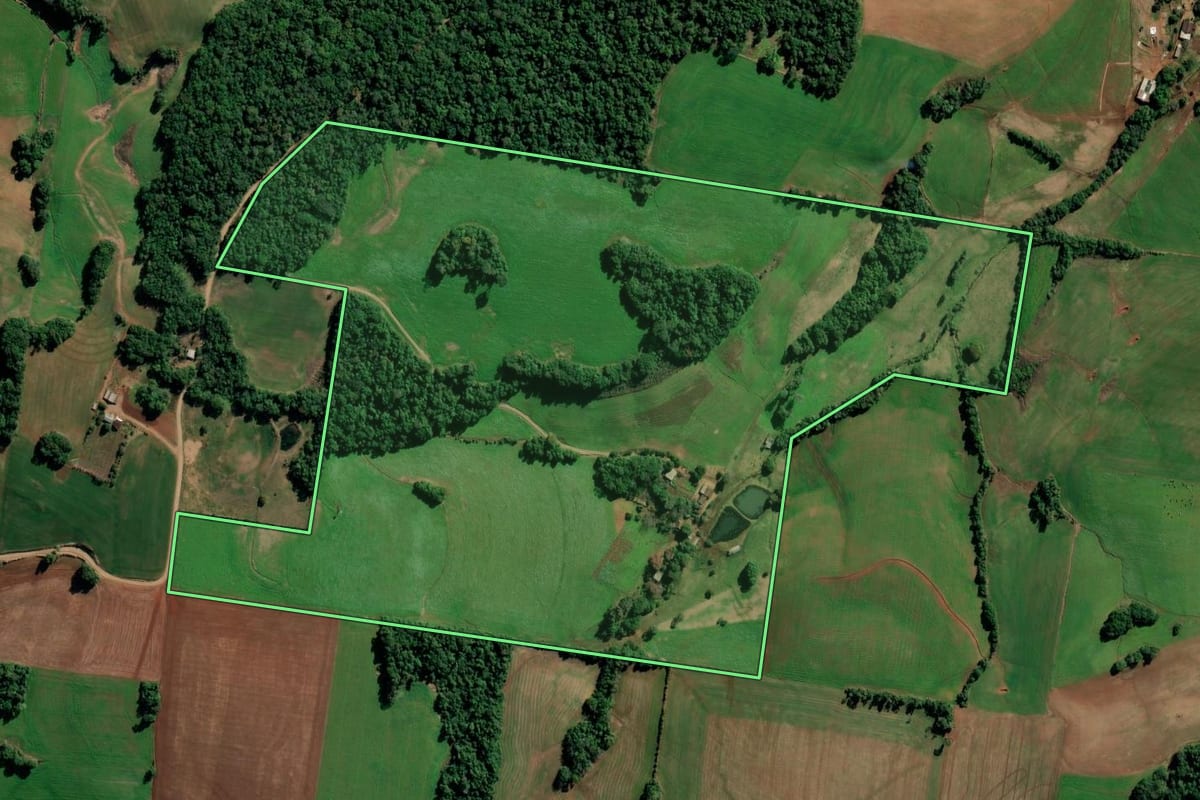 Imagem de satélite do imóvel rural em Augusto Pestana (RS), com o contorno declarado no CAR desenhado por cima.