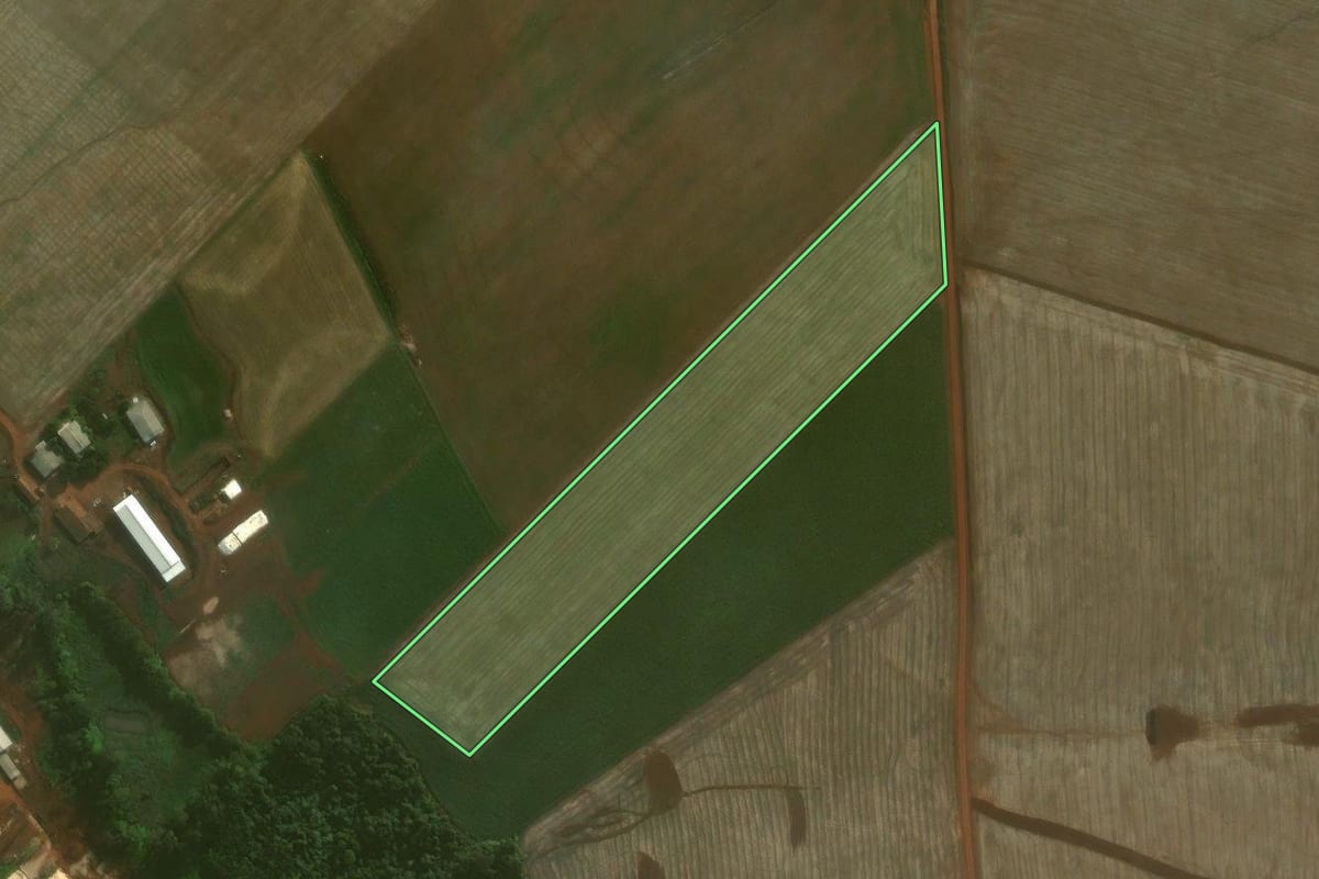 Imagem de satélite do imóvel rural em Augusto Pestana (RS), com o contorno declarado no CAR desenhado por cima.