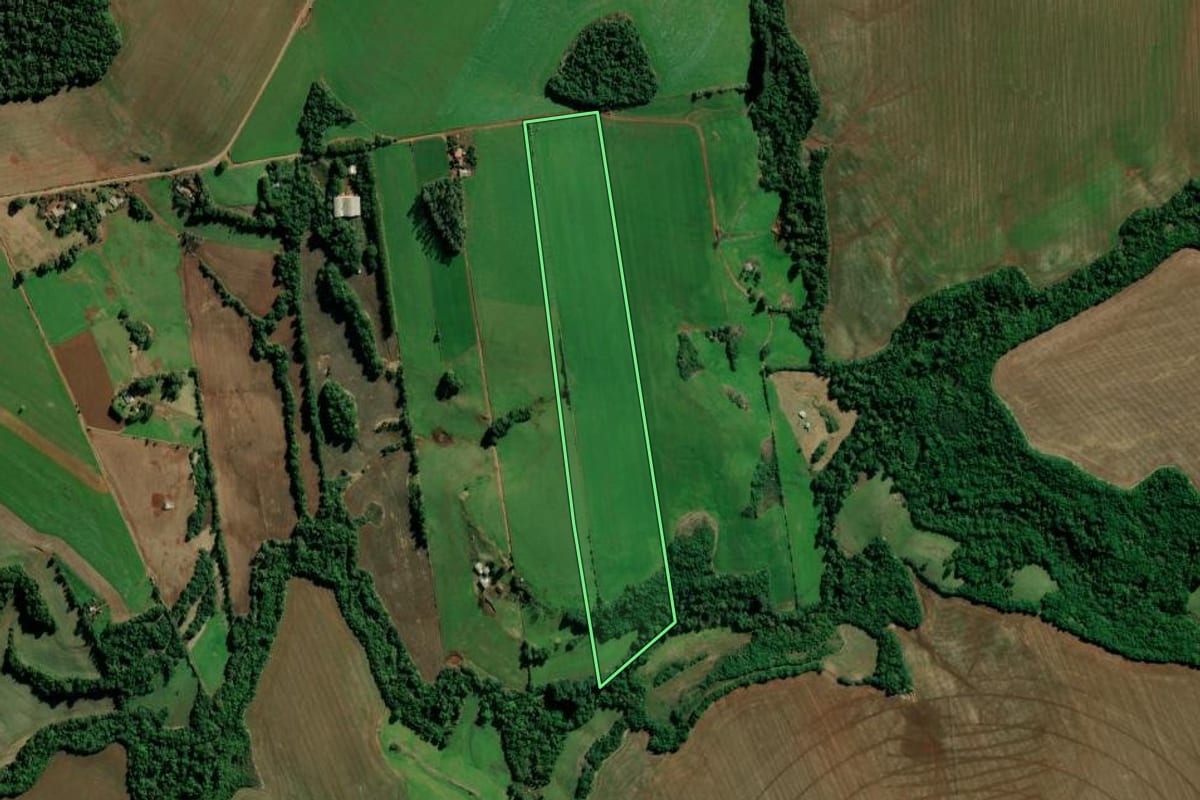 Imagem de satélite do imóvel rural em Augusto Pestana (RS), com o contorno declarado no CAR desenhado por cima.