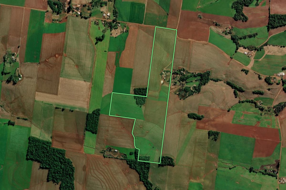 Imagem de satélite do imóvel rural em Augusto Pestana (RS), com o contorno declarado no CAR desenhado por cima.