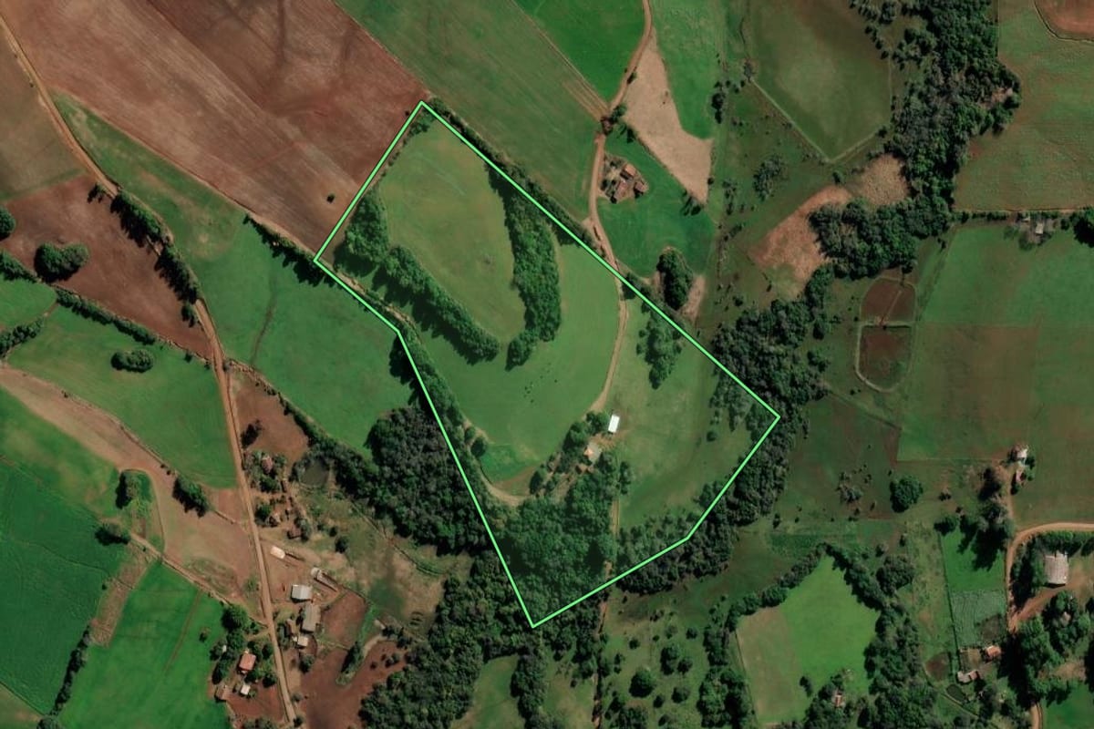Imagem de satélite do imóvel rural em Augusto Pestana (RS), com o contorno declarado no CAR desenhado por cima.