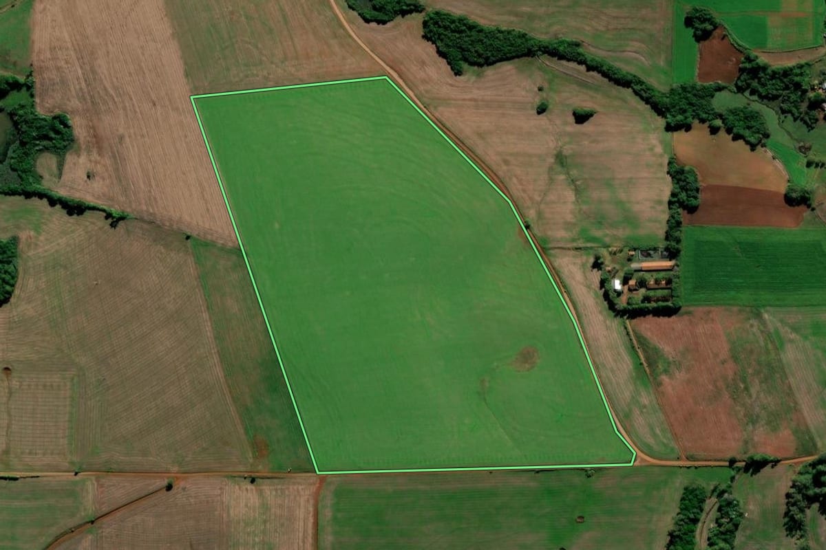 Imagem de satélite do imóvel rural em Augusto Pestana (RS), com o contorno declarado no CAR desenhado por cima.
