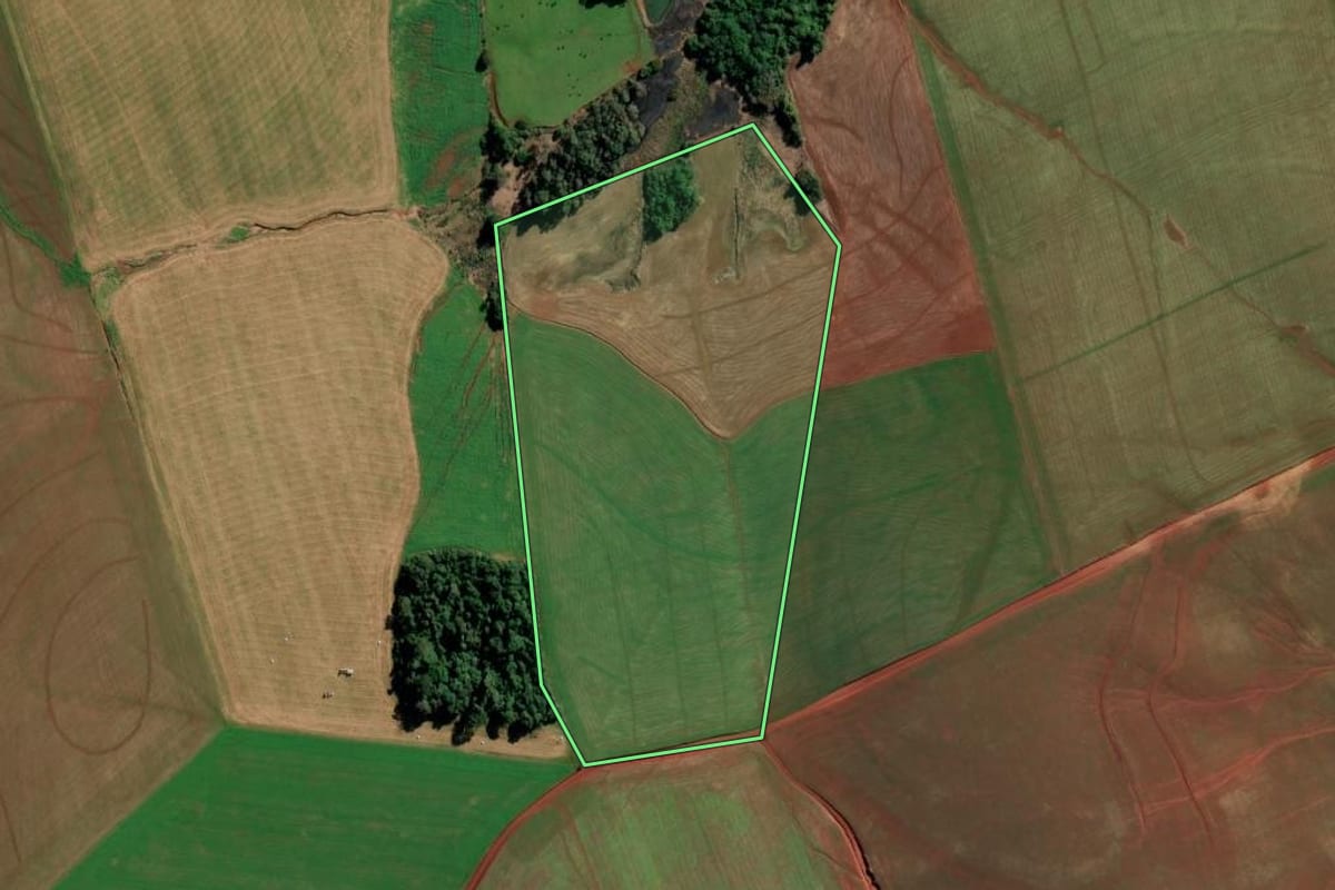 Imagem de satélite do imóvel rural em Augusto Pestana (RS), com o contorno declarado no CAR desenhado por cima.