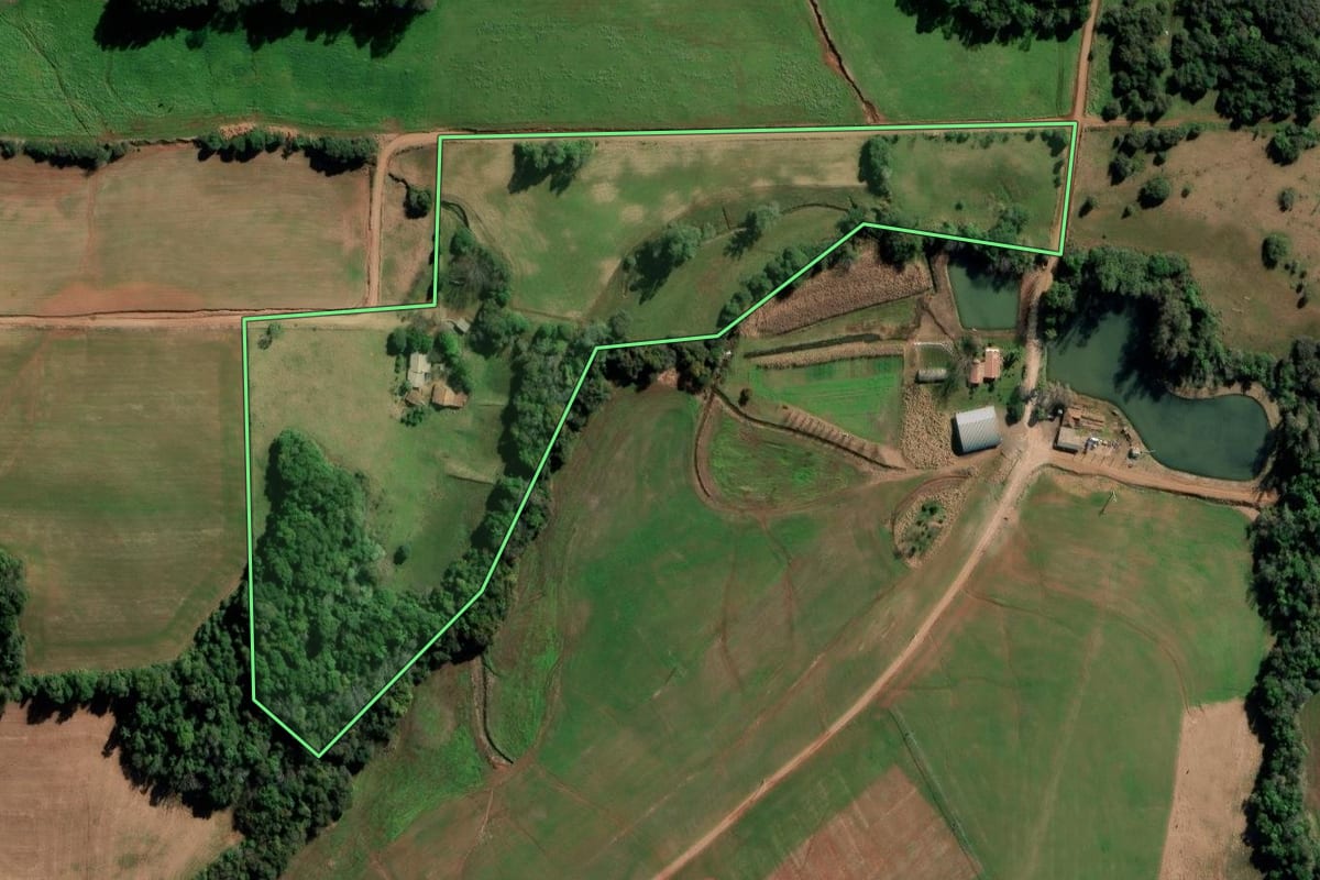 Imagem de satélite do imóvel rural em Augusto Pestana (RS), com o contorno declarado no CAR desenhado por cima.