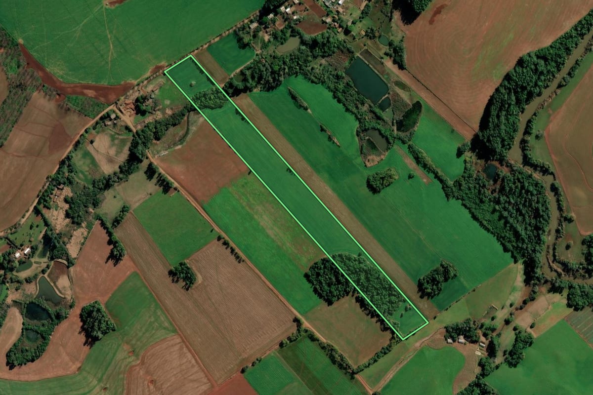 Imagem de satélite do imóvel rural em Augusto Pestana (RS), com o contorno declarado no CAR desenhado por cima.