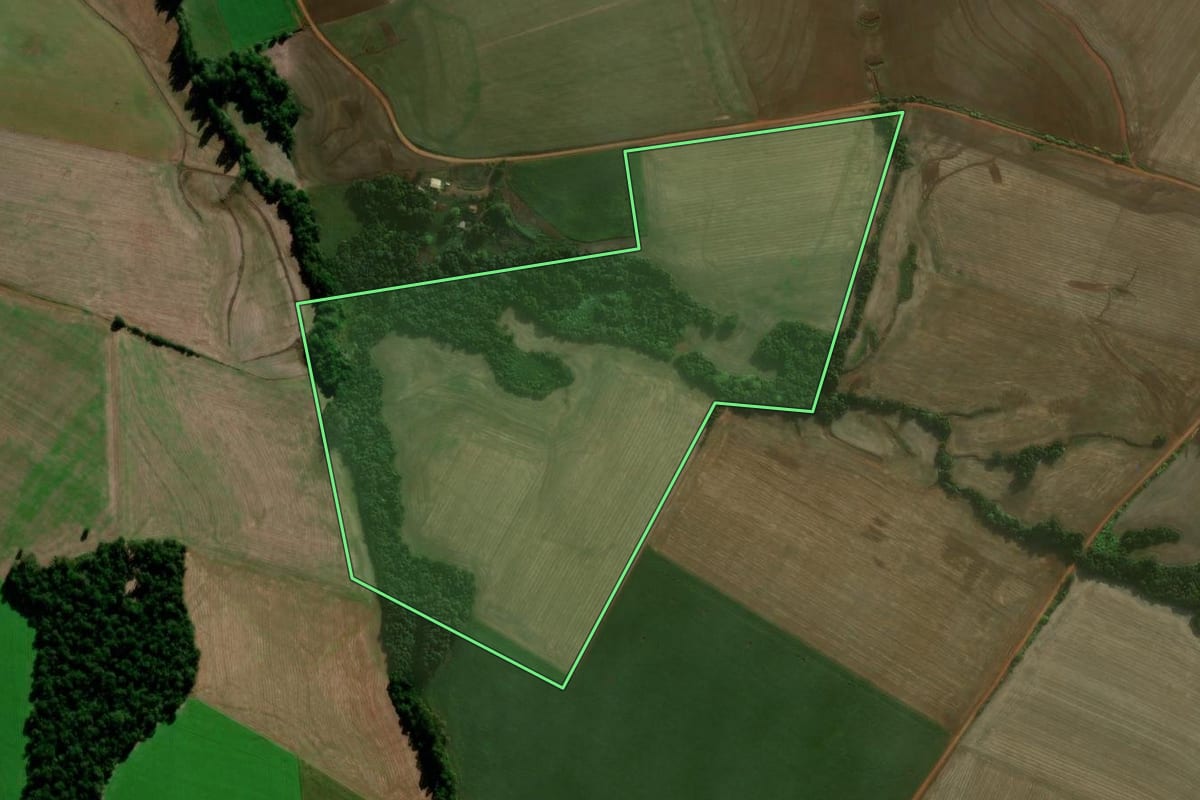 Imagem de satélite do imóvel rural em Augusto Pestana (RS), com o contorno declarado no CAR desenhado por cima.