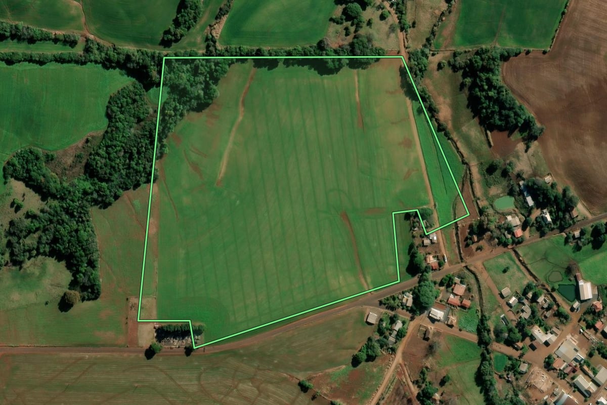 Imagem de satélite do imóvel rural em Augusto Pestana (RS), com o contorno declarado no CAR desenhado por cima.