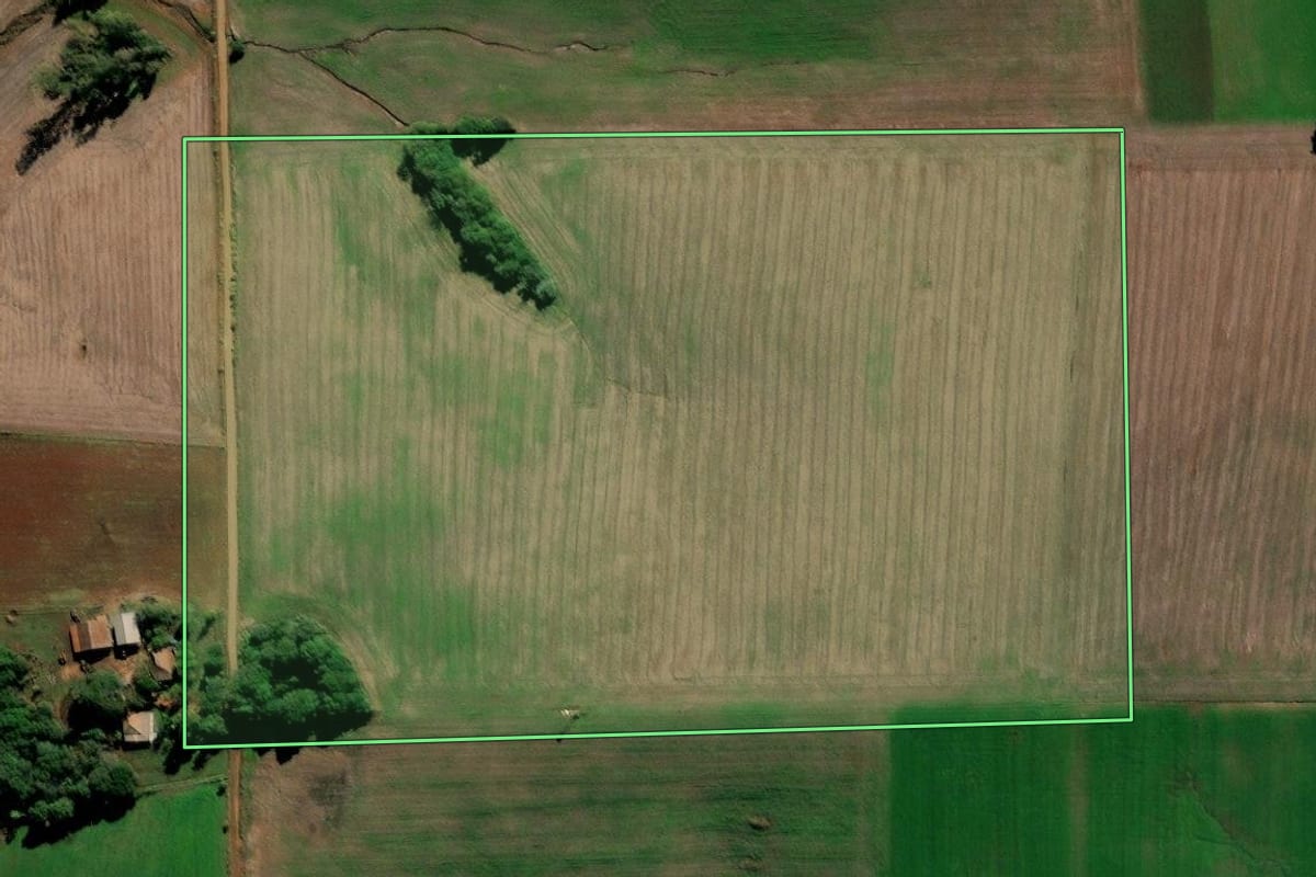 Imagem de satélite do imóvel rural em Augusto Pestana (RS), com o contorno declarado no CAR desenhado por cima.