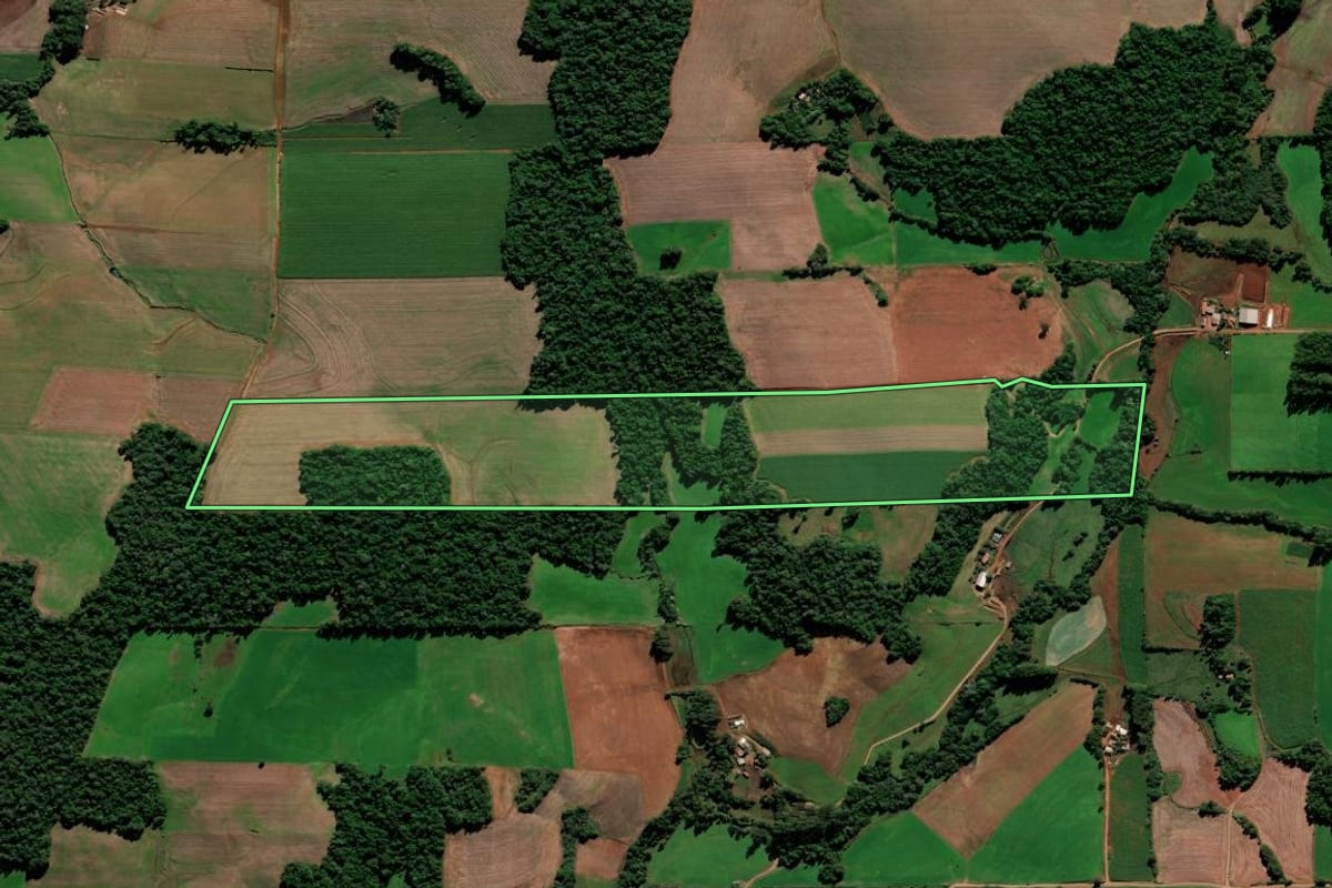 Imagem de satélite do imóvel rural em Augusto Pestana (RS), com o contorno declarado no CAR desenhado por cima.