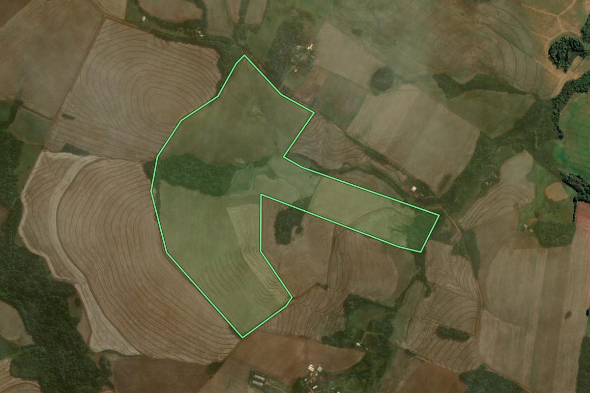 Imagem de satélite do imóvel rural em Augusto Pestana (RS), com o contorno declarado no CAR desenhado por cima.
