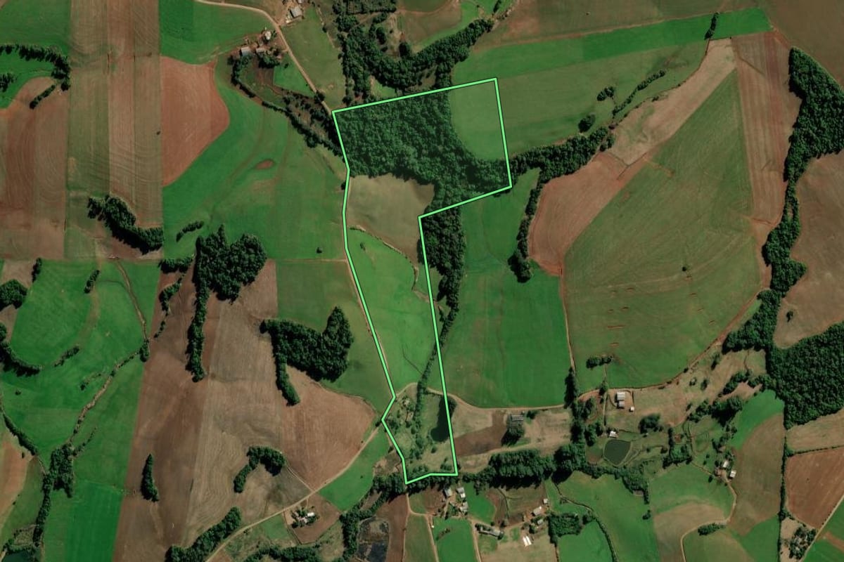 Imagem de satélite do imóvel rural em Augusto Pestana (RS), com o contorno declarado no CAR desenhado por cima.