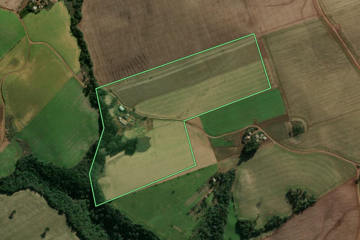 Imagem de satélite do imóvel rural em Áurea (RS), com o contorno declarado no CAR desenhado por cima.