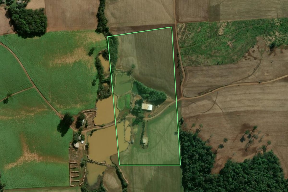 Imagem de satélite do imóvel rural em Áurea (RS), com o contorno declarado no CAR desenhado por cima.