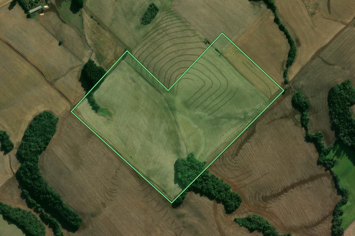 Imagem de satélite do imóvel rural em Áurea (RS), com o contorno declarado no CAR desenhado por cima.