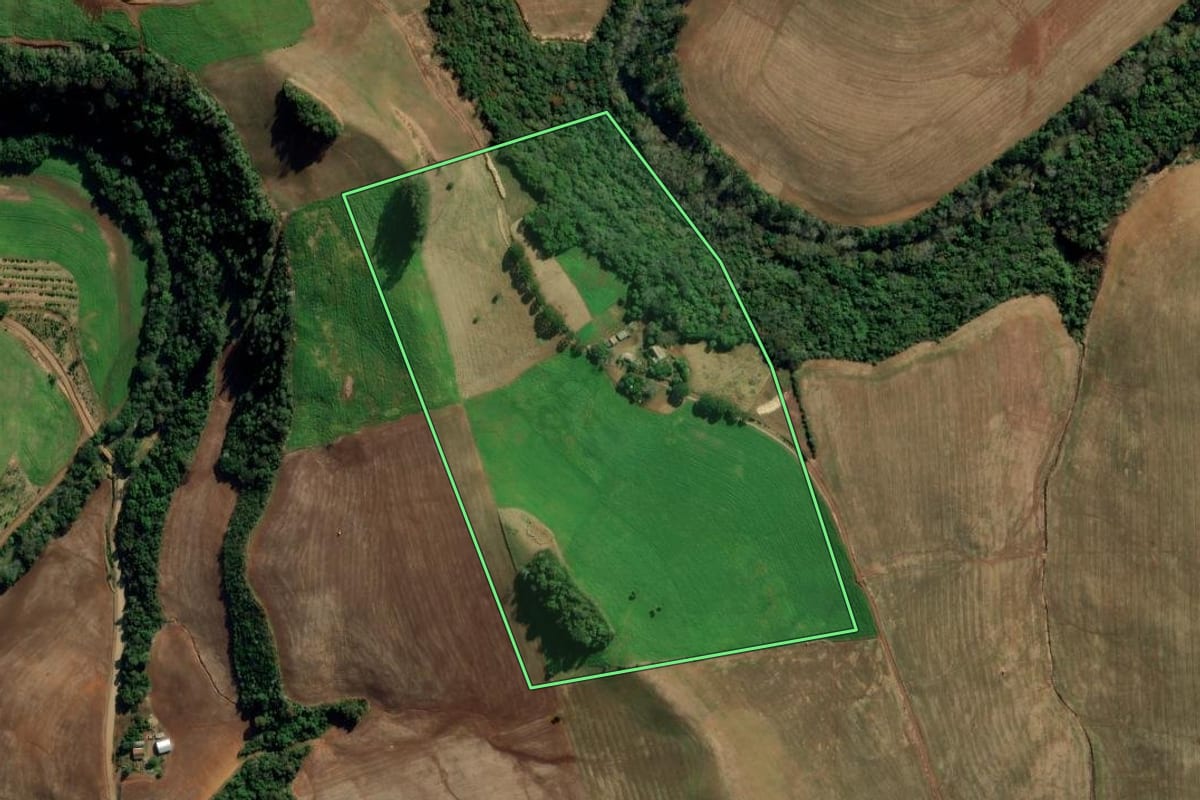 Imagem de satélite do imóvel rural em Áurea (RS), com o contorno declarado no CAR desenhado por cima.