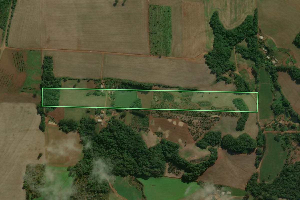 Imagem de satélite do imóvel rural em Áurea (RS), com o contorno declarado no CAR desenhado por cima.