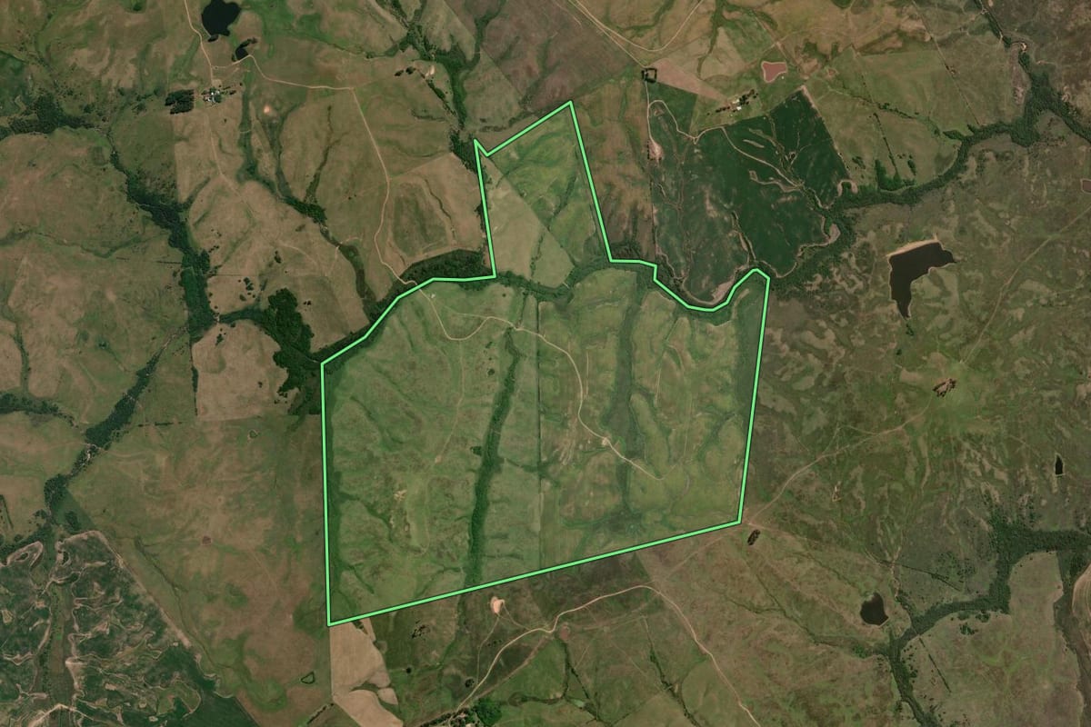 Imagem de satélite do imóvel rural em Bagé (RS), com o contorno declarado no CAR desenhado por cima.