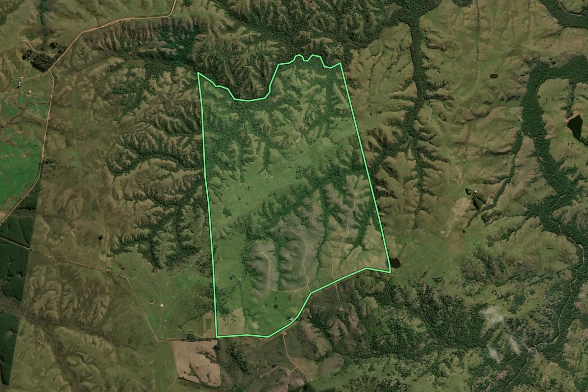 Imagem de satélite do imóvel rural em Bagé (RS), com o contorno declarado no CAR desenhado por cima.