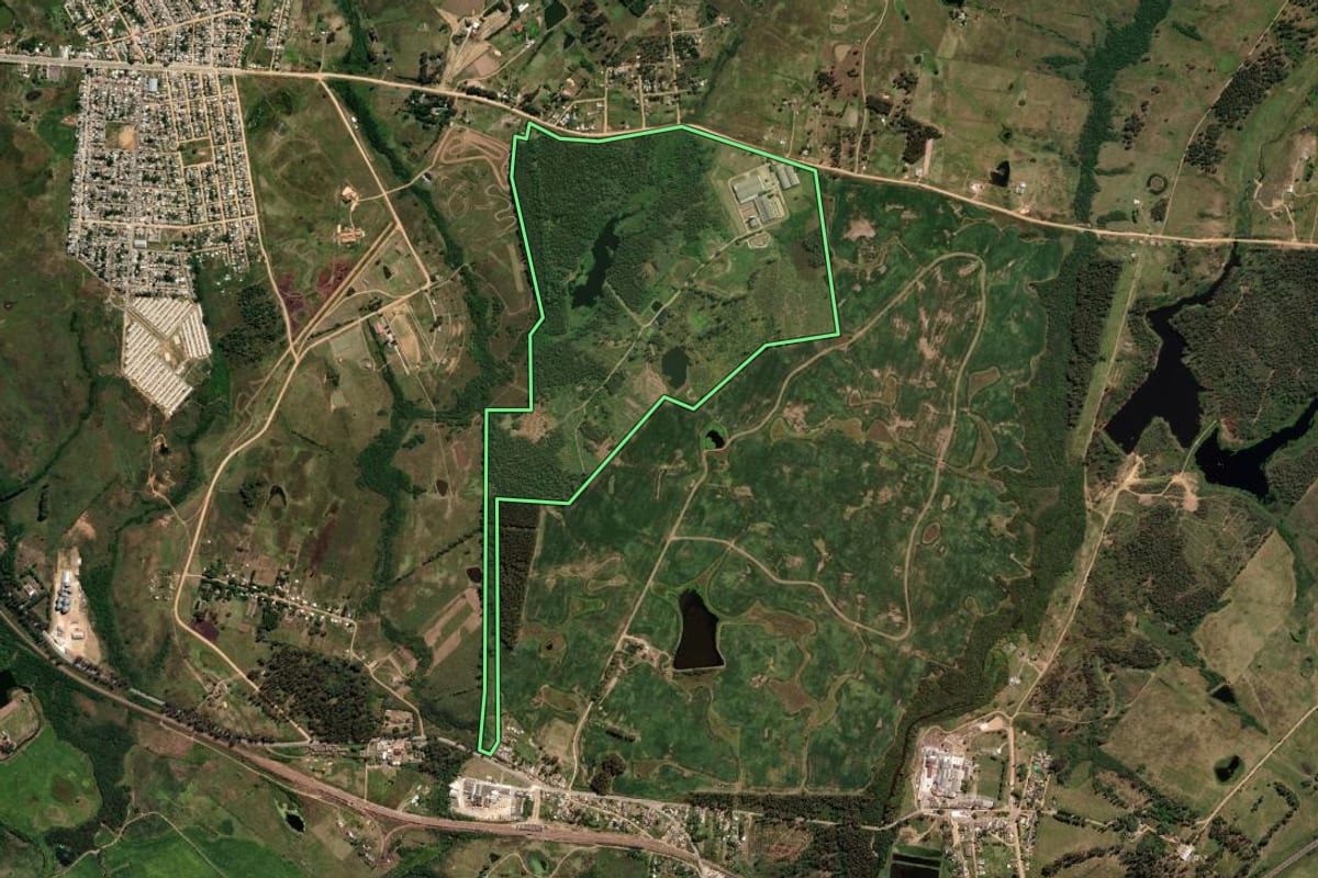 Imagem de satélite do imóvel rural em Bagé (RS), com o contorno declarado no CAR desenhado por cima.
