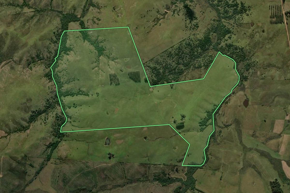 Imagem de satélite do imóvel rural em Bagé (RS), com o contorno declarado no CAR desenhado por cima.