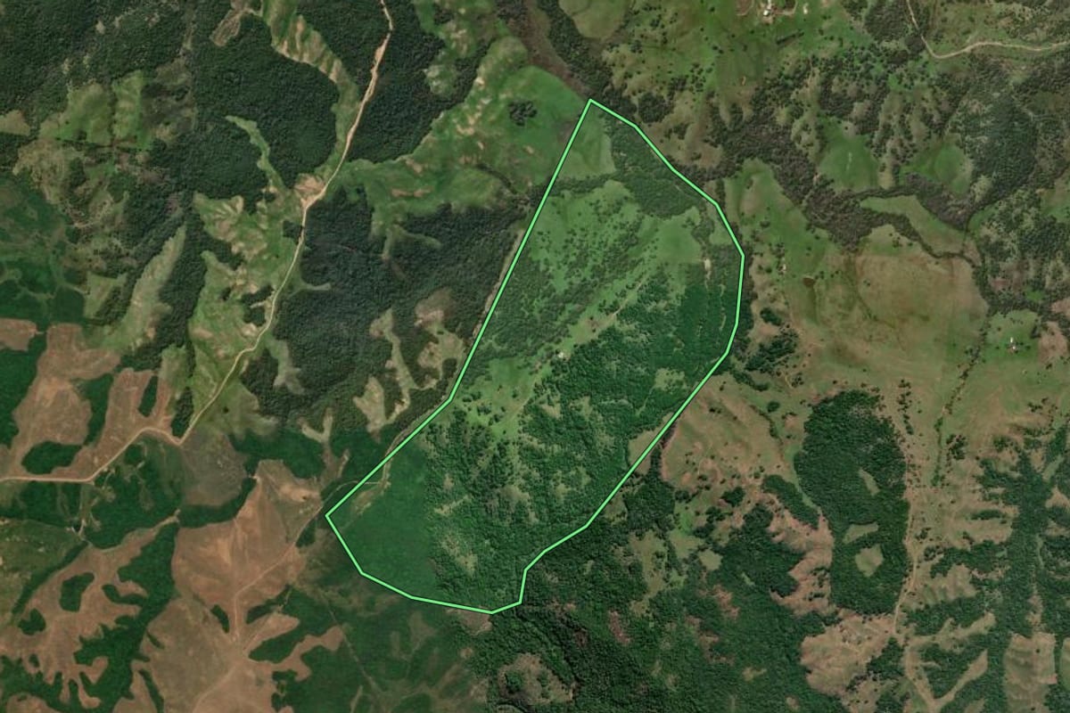 Imagem de satélite do imóvel rural em Bagé (RS), com o contorno declarado no CAR desenhado por cima.