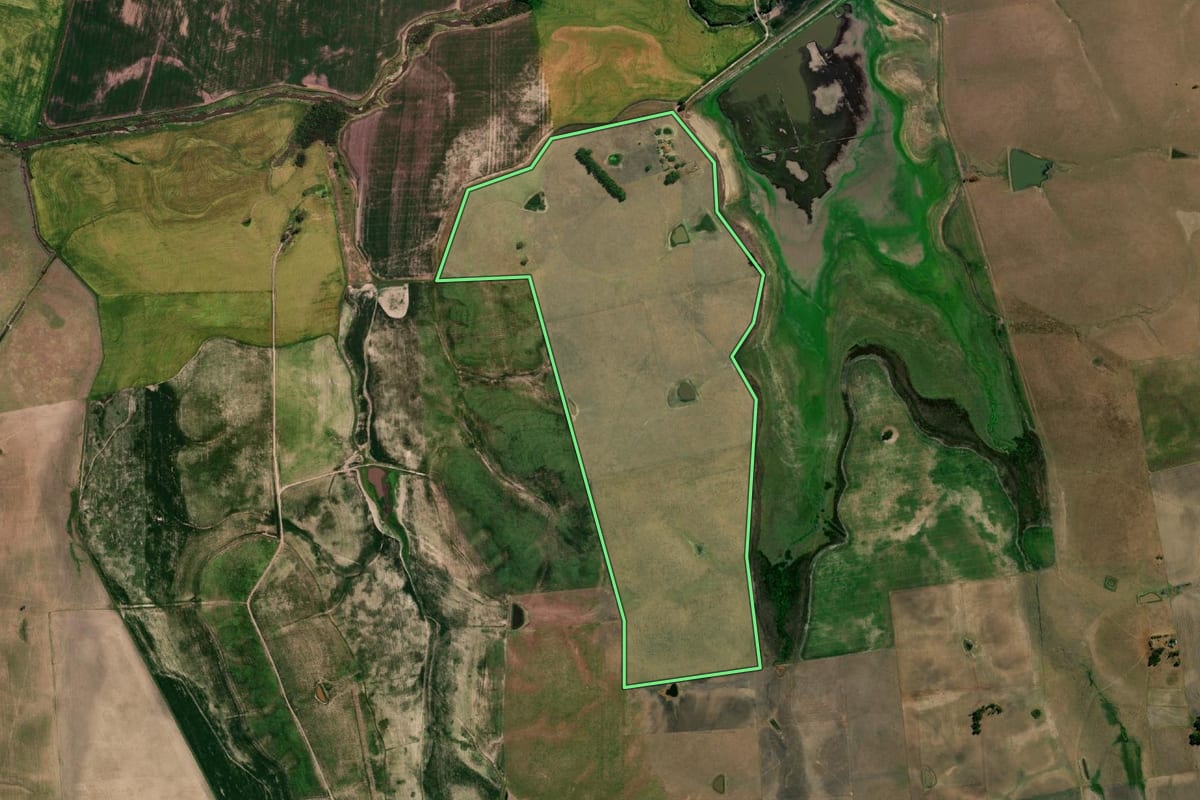Imagem de satélite do imóvel rural em Bagé (RS), com o contorno declarado no CAR desenhado por cima.