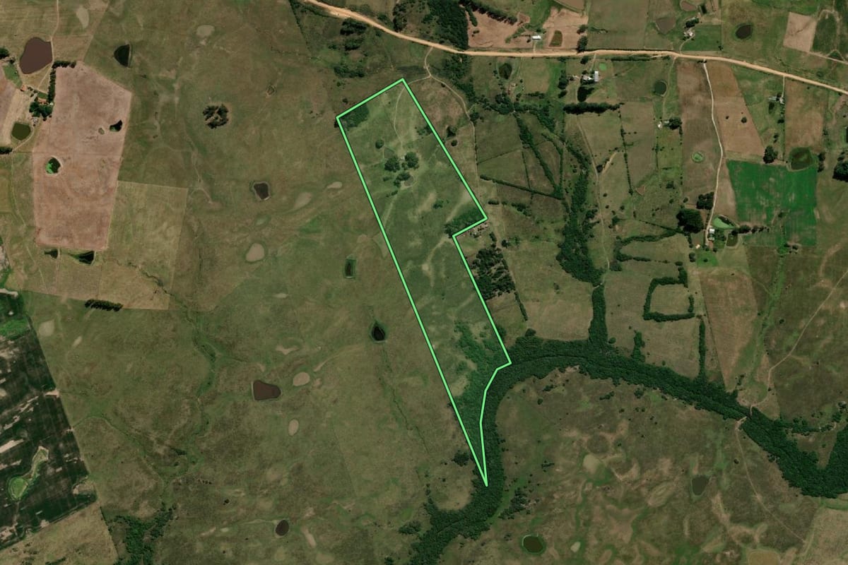 Imagem de satélite do imóvel rural em Bagé (RS), com o contorno declarado no CAR desenhado por cima.