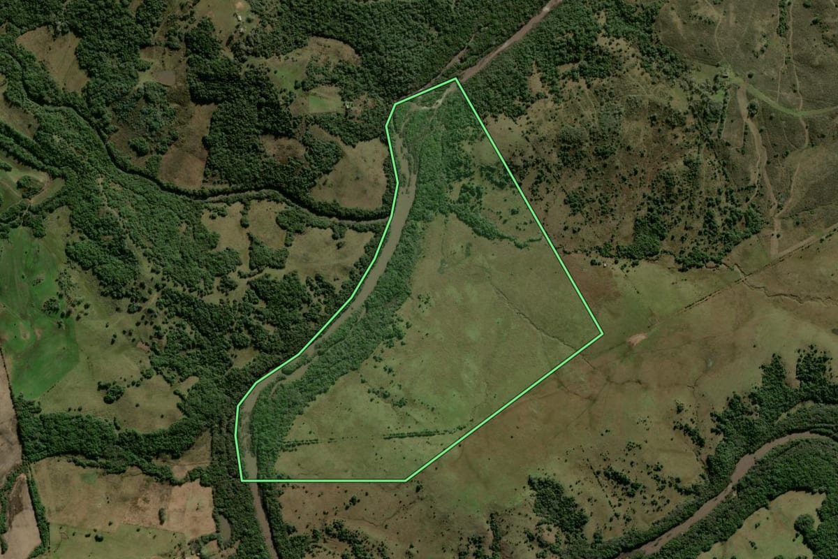 Imagem de satélite do imóvel rural em Bagé (RS), com o contorno declarado no CAR desenhado por cima.