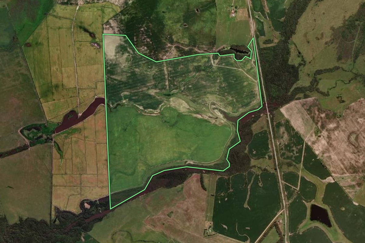 Imagem de satélite do imóvel rural em Bagé (RS), com o contorno declarado no CAR desenhado por cima.