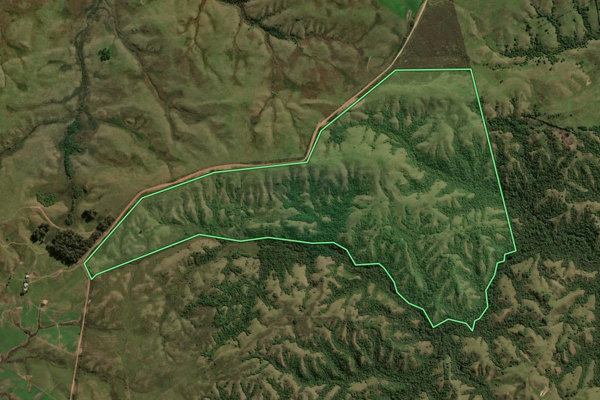 Imagem de satélite do imóvel rural em Bagé (RS), com o contorno declarado no CAR desenhado por cima.