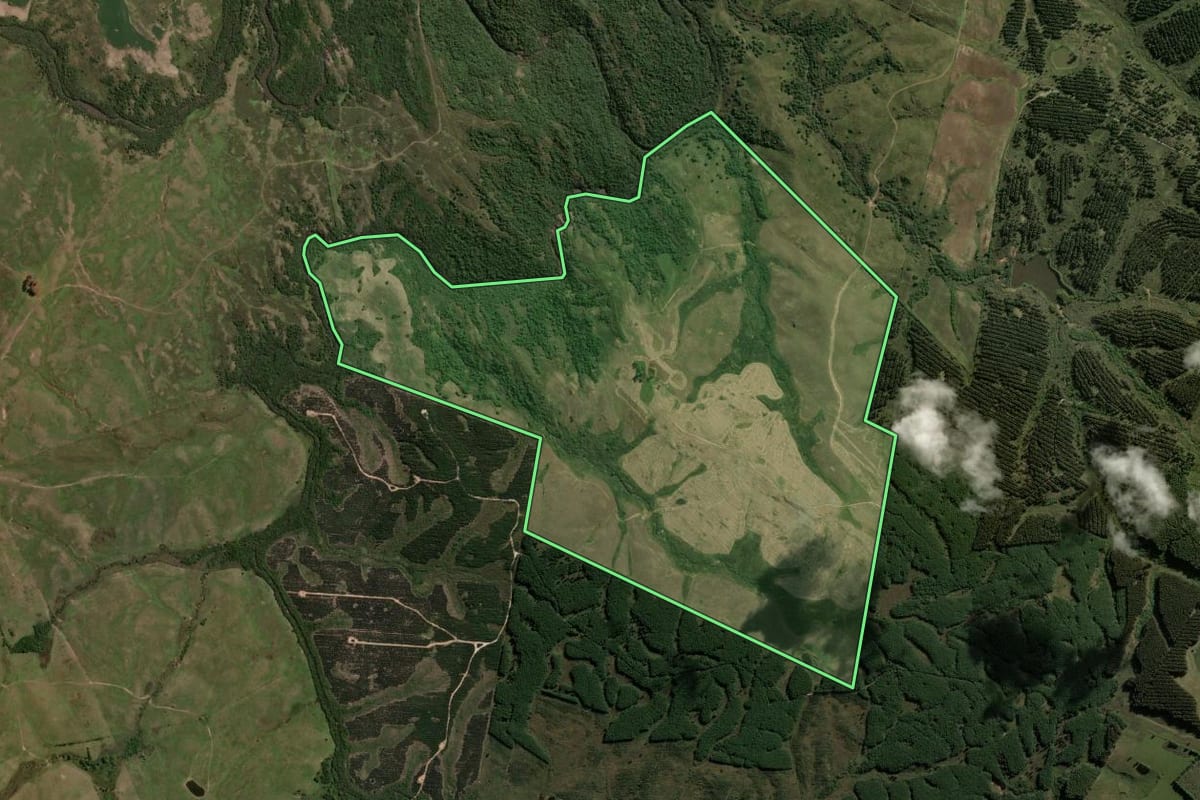Imagem de satélite do imóvel rural em Bagé (RS), com o contorno declarado no CAR desenhado por cima.