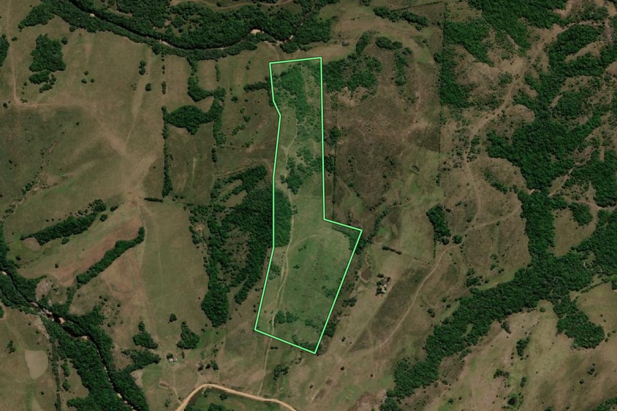 Imagem de satélite do imóvel rural em Bagé (RS), com o contorno declarado no CAR desenhado por cima.