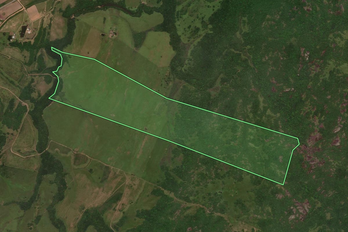 Imagem de satélite do imóvel rural em Bagé (RS), com o contorno declarado no CAR desenhado por cima.