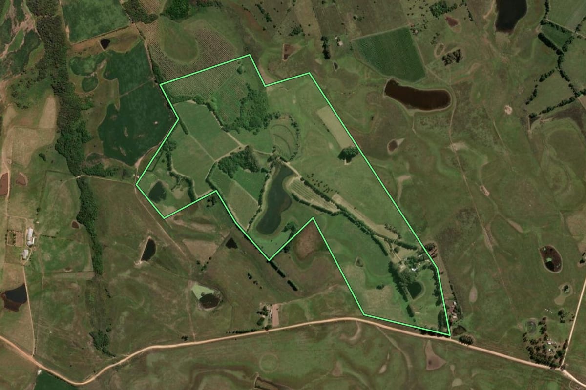 Imagem de satélite do imóvel rural em Bagé (RS), com o contorno declarado no CAR desenhado por cima.
