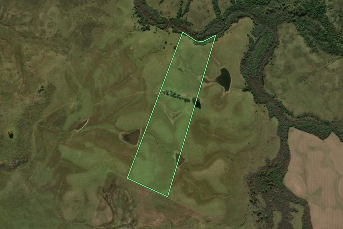 Imagem de satélite do imóvel rural em Bagé (RS), com o contorno declarado no CAR desenhado por cima.