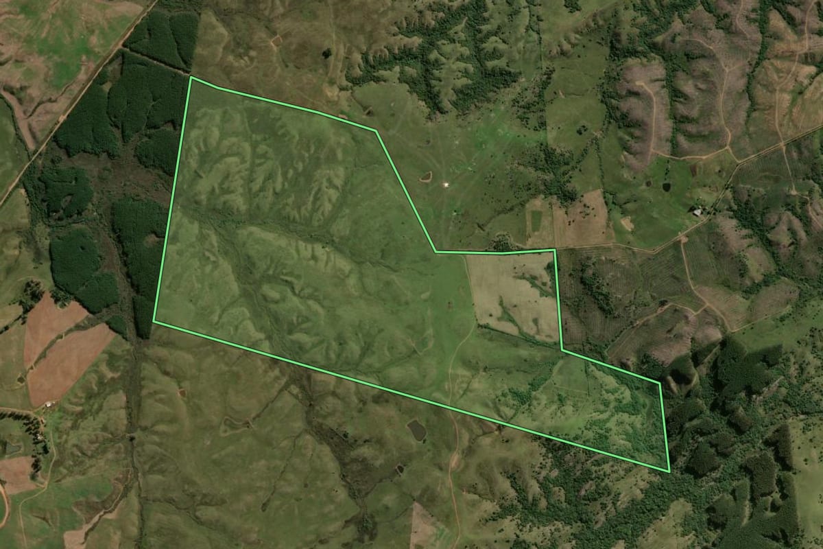 Imagem de satélite do imóvel rural em Bagé (RS), com o contorno declarado no CAR desenhado por cima.