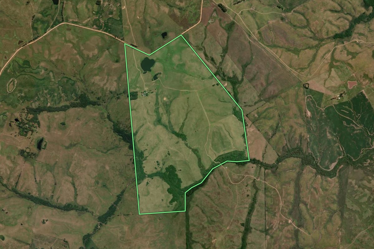 Imagem de satélite do imóvel rural em Bagé (RS), com o contorno declarado no CAR desenhado por cima.