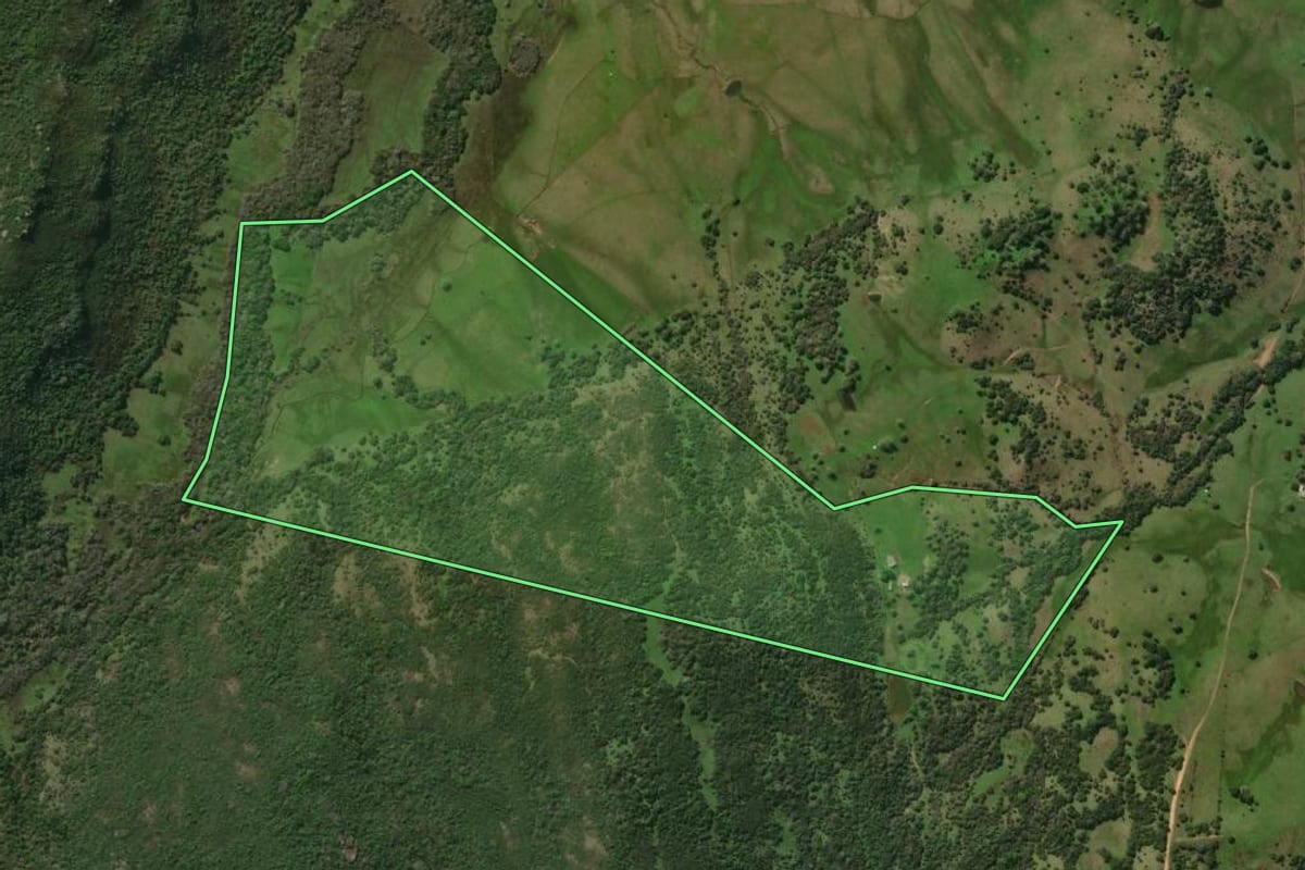 Imagem de satélite do imóvel rural em Bagé (RS), com o contorno declarado no CAR desenhado por cima.