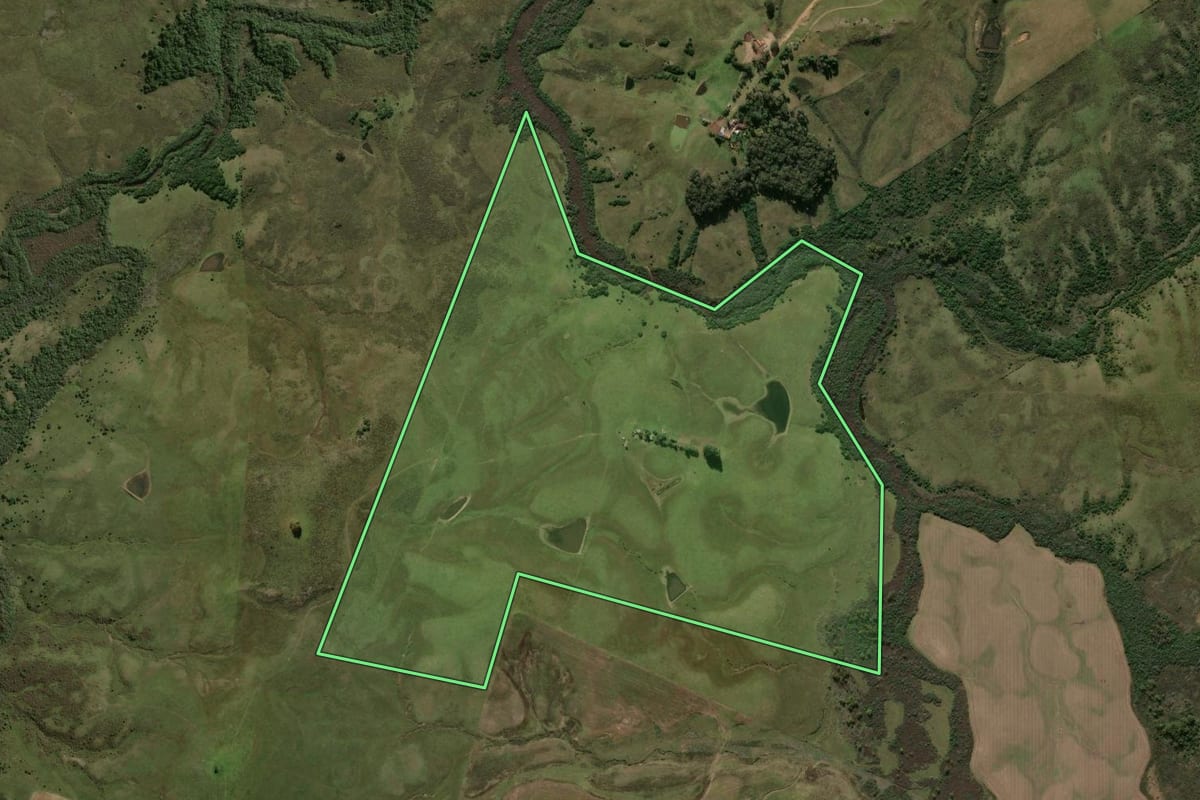 Imagem de satélite do imóvel rural em Bagé (RS), com o contorno declarado no CAR desenhado por cima.