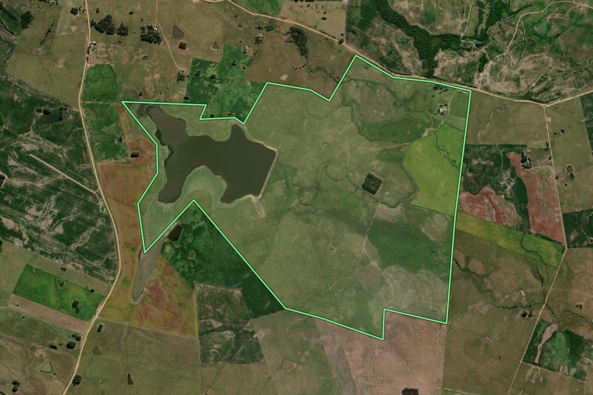 Imagem de satélite do imóvel rural em Bagé (RS), com o contorno declarado no CAR desenhado por cima.