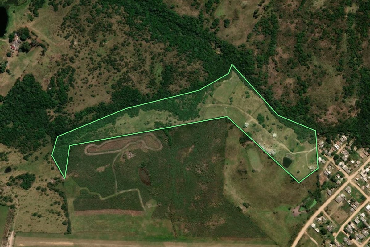 Imagem de satélite do imóvel rural em Bagé (RS), com o contorno declarado no CAR desenhado por cima.