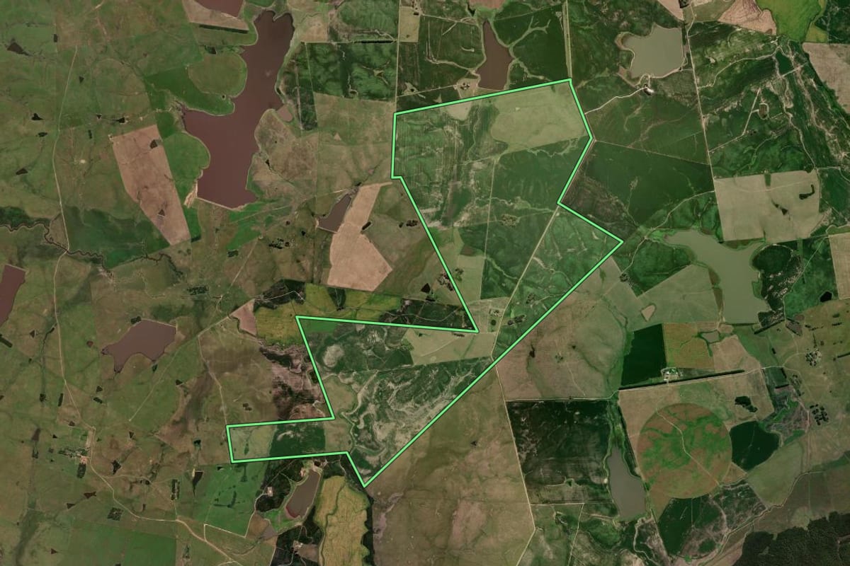 Imagem de satélite do imóvel rural em Bagé (RS), com o contorno declarado no CAR desenhado por cima.