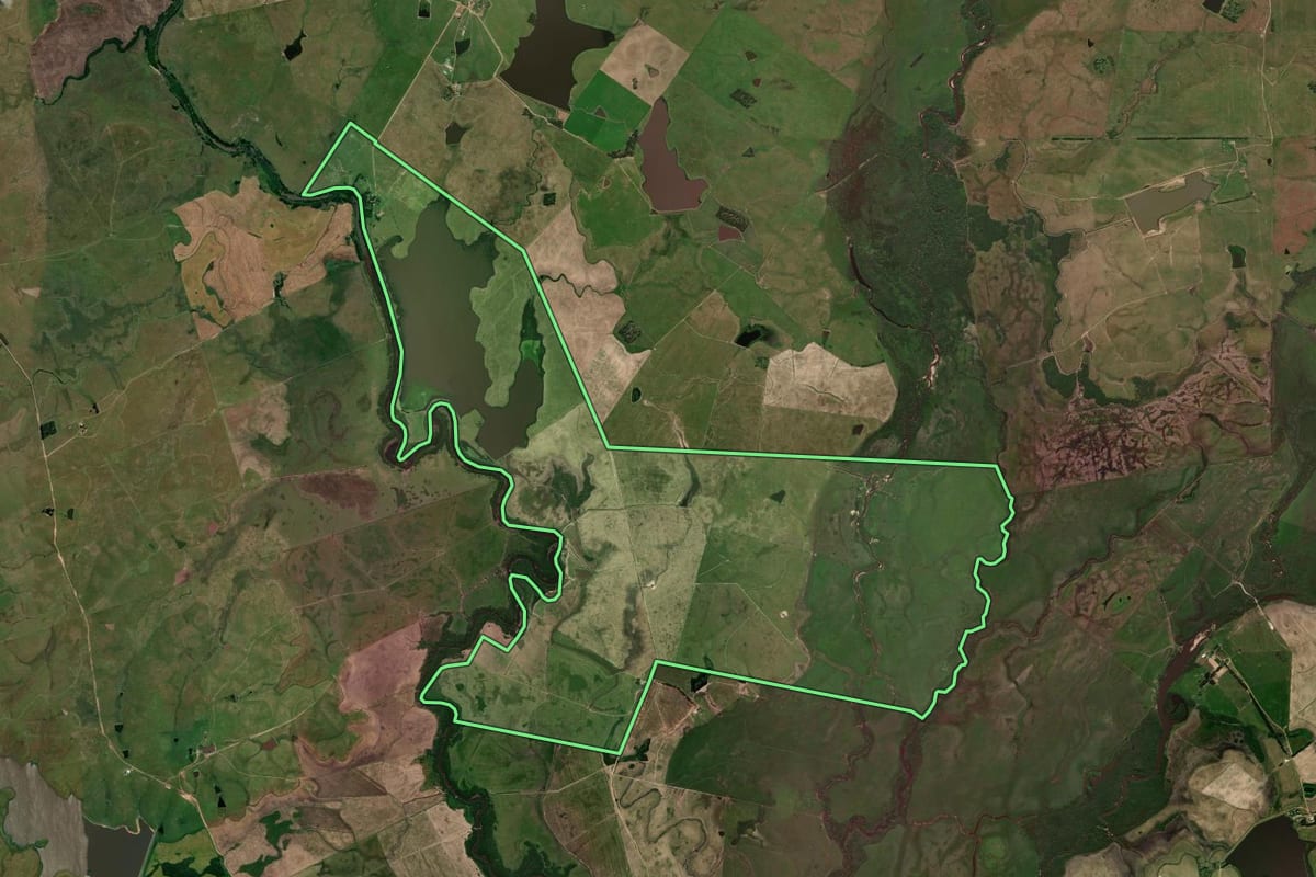 Imagem de satélite do imóvel rural em Bagé (RS), com o contorno declarado no CAR desenhado por cima.