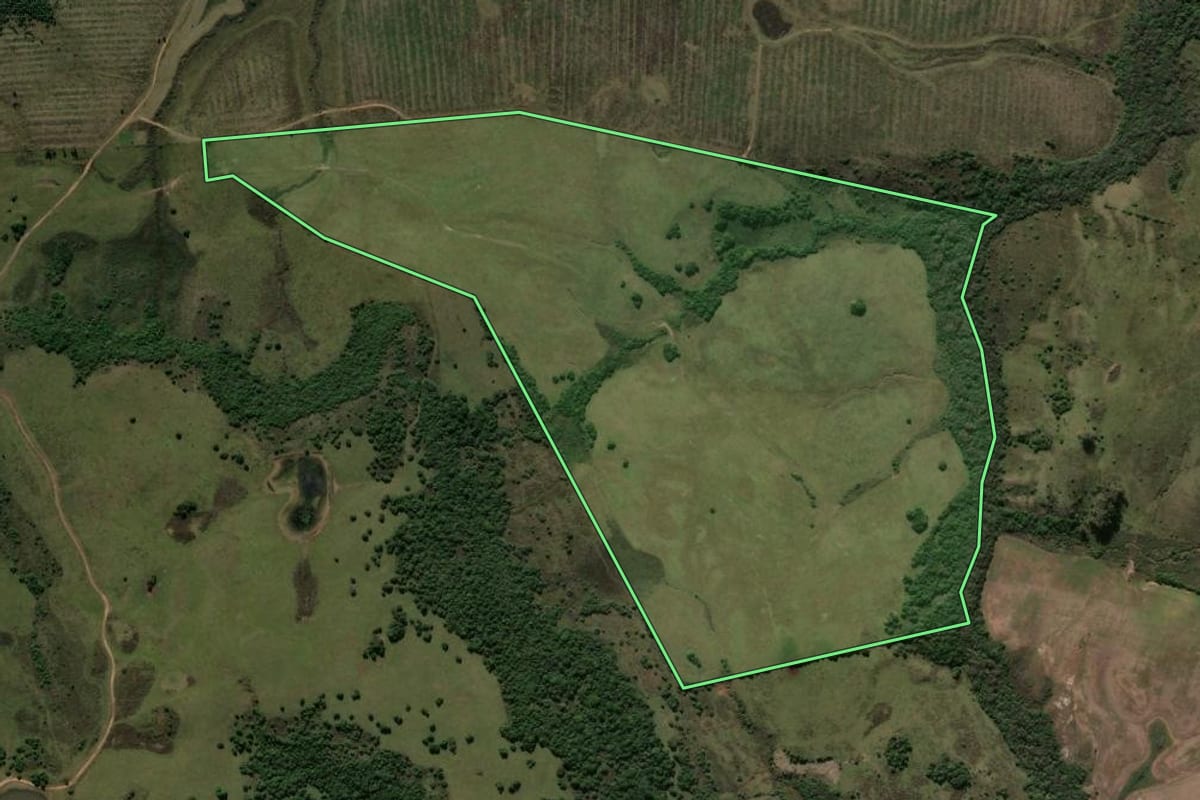 Imagem de satélite do imóvel rural em Bagé (RS), com o contorno declarado no CAR desenhado por cima.