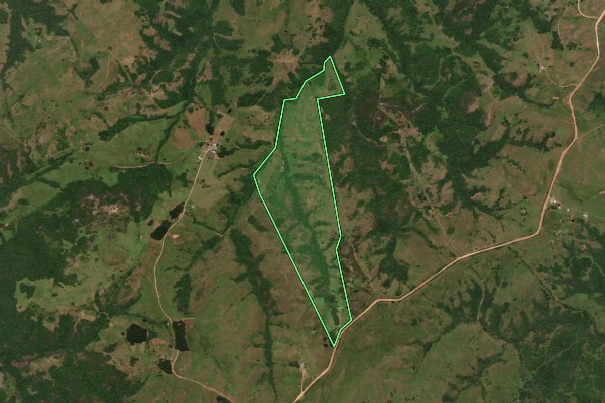 Imagem de satélite do imóvel rural em Bagé (RS), com o contorno declarado no CAR desenhado por cima.