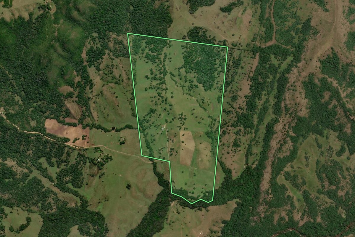 Imagem de satélite do imóvel rural em Bagé (RS), com o contorno declarado no CAR desenhado por cima.