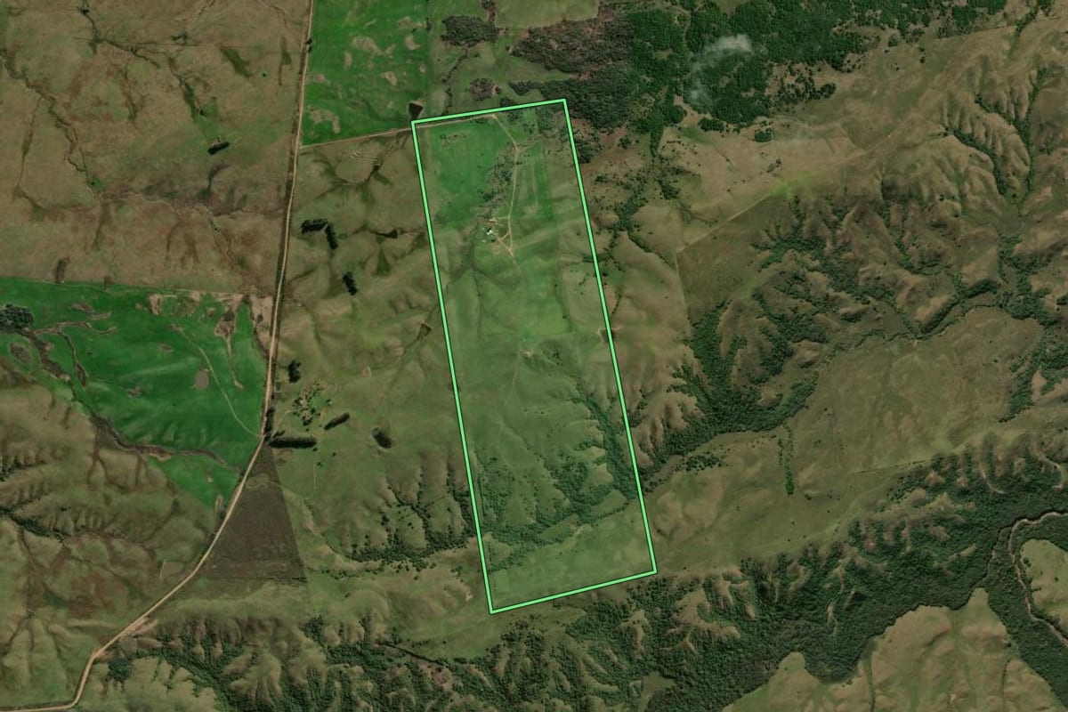 Imagem de satélite do imóvel rural em Bagé (RS), com o contorno declarado no CAR desenhado por cima.